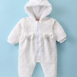 Kookie Kids Full Sleeves Winter Wear Hearts Designed Solid Color Romper Bow Applique - White-picture-17
