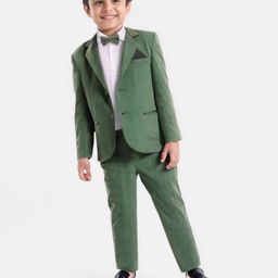 Babyhug Knit Full Sleeves Solid Colour 3 Piece Party Suit With Bow - Green-picture-11