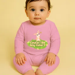 The Peppy Tend 100% Cotton Knit Full Sleeves Could I Be Any Cuter Text & Bunny Printed Romper - Pink-picture-37