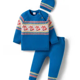 Babyhug Organic Cotton Knitted Full Raglan Sleeves Sweater Set With Fox Design & Cap - Blue-image-33