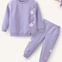 Mark & Mia Full Sleeves Winter Wear T-Shirt & Joggers Set with Floral Applique Detailing - Purple-picture-11