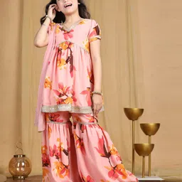 Cutiekins Georgette Woven Half Puffed Sleeves Floral Printed Lace Embellished Kurti & Sharara With Dupatta Set - Peach & Gold-picture-13