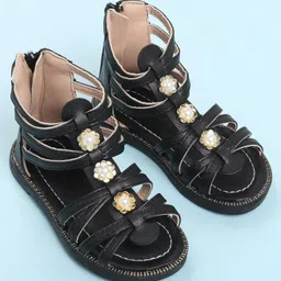 Oh! Pair Sandals with Back Zipper Closure Floral & Beads Detailing - Black image 2