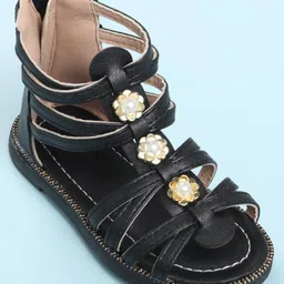 Oh! Pair Sandals with Back Zipper Closure Floral & Beads Detailing - Black image 3