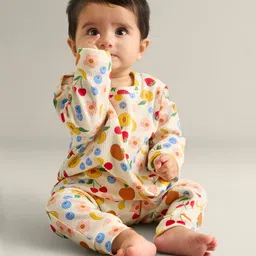 My Milestones 100% Cotton Full Sleeves Fruits Printed Romper With Two Way Zipper - Cream image 4