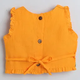 Many frocks & Cotton Sleeveless Strawberry Hand Embroidered Pleated Lehenga Choli & Dupatta Set - Yellow & Red image 4