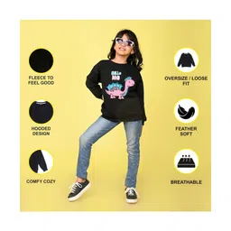 NUSYL Fleece Knit Full Sleeves Hello Dino Text Printed Light Winter Sweatshirt - Black image 4