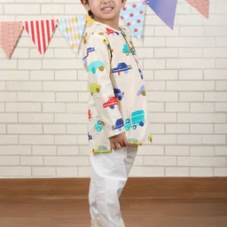 Polka Tots Boys Printed Mandarin Collar Pure Cotton Straight Kurta With Pyjama image 4