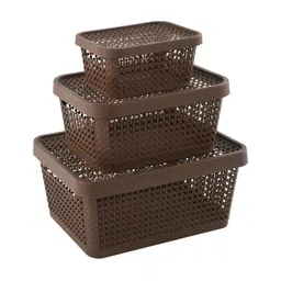 Myntra Elegant Homes Brown 3 Pieces Stackable Tote Basket Organisers With Lid image 2