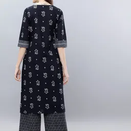 Vishudh Women Navy Blue & Off-White Printed Cotton Kurta with Palazzos image 5