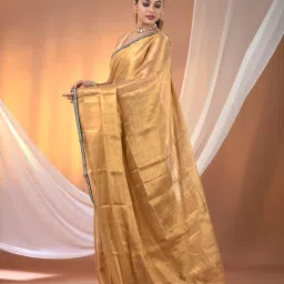 CHARUKRITI Beige Blended Solid Saree With Unstitched Blouse image 3