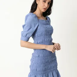RAREISM Blue Cotton Blend Solid Short Sleeves Dress image 3
