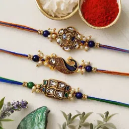 eCraftIndia Set of 3 Lord Ganesha Peacock Floral Kundan Rakhis for Brothers-picture-13