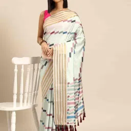 Silk Land Multi Silk Blend Block Print Saree With Unstiched Blouse image 3