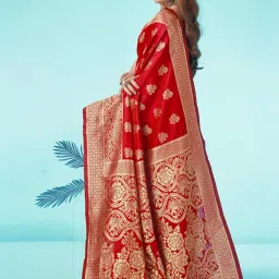Satrani Red Woven Saree With Unstitched Blouse image 3