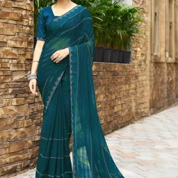 Satrani Sea Blue Striped Saree With Unstitched Blouse image 3