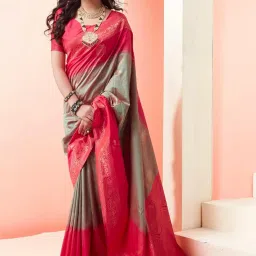 Satrani Green & Pink Silk Woven Saree With Unstitched Blouse image 3