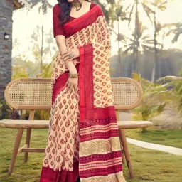 Satrani Pastel Yellow & Red Cotton Printed Saree With Unstitched Blouse image 3