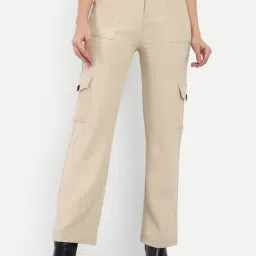 Broadstar Beige Cotton Straight Fit High Rise Cargo Pants-picture-18