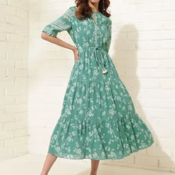 Fabindia Green Cotton Floral Print A-Line Dress image 3