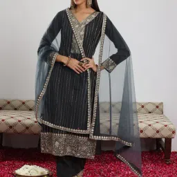 Libas Grey Silk Blend Regular Fit Floral Kurta Set-picture-11