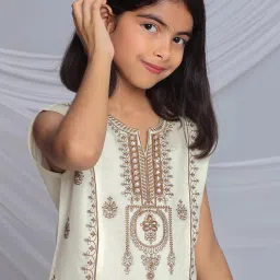 Misbis Girls Cream Comfort Fit Embroidered Kurta Set image 3