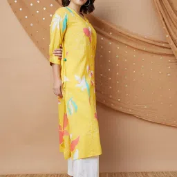Melange By Lifestyle Yellow Cotton Regular Fit Floral Print Kurtas image 3