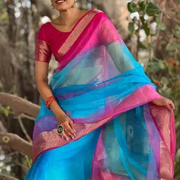 Satrani Blue & Pink Woven Saree With Unstitched Blouse image 3