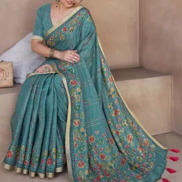 MIRCHI FASHION Blue Floral Print Saree With Unstitched Blouse image 3