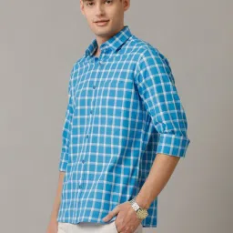 Cavallo By Linen Club Blue Linen Contemporary Fit Checks Shirt image 3