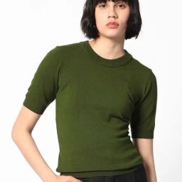 RAREISM Olive Viscose Solid Short Sleeves Sweater-picture-3