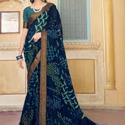 Satrani Navy Printed Saree With Unstitched Blouse-picture-10