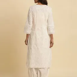 W Off-White Cotton Printed Straight Kurta image 2
