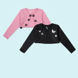 Kiddopanti Girls Baby Pink & Black Applique Shrug - Pack of 2-image-90