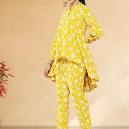 CUSTARD Floral Printed Mandarin Collar Puffed Sleeves Pure Cotton High Low Top & Trousers image 4