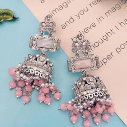 Sangria Silver Plated Stone Studded & Beaded Drop Earrings image 4