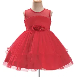 Babyhug Sleeveless Party Wear Frilled Dress With Floral Applique - Red-image-34