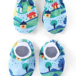 Babyhug 100% Cotton Knit Mittens & Booties Set with Tree Print - Blue-picture-36