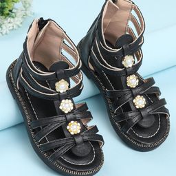 Oh! Pair Sandals with Back Zipper Closure Floral & Beads Detailing - Black-picture-7