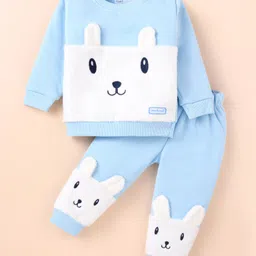Little Darlings Fleece Knit Full Sleeves Winter Wear Suit With Animal Applique - White & Sky Blue-picture-25