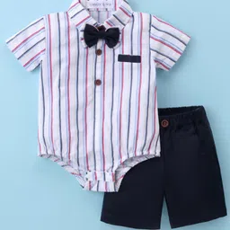 Mark & Mia Woven Half Sleeves Striped Party Onesie with Shorts & Bow - Blue-picture-16