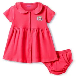 Babyhug Cotton Woven Half Sleeves Peter Pan Collared Solid Color Frock with Bloomer - Red-picture-20