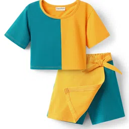 CrayonFlakes Cotton Woven Half Sleeves Cut & Sew Top & Coordinating Skort Set - Yellow & Blue-picture-26