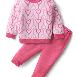 Babyhug Knitted Full Sleeves Sweater Set with Hearts Design - Dark Pink-picture-19