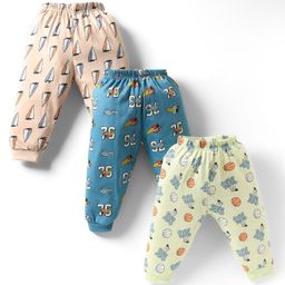 CUCUMBER Cotton Knit Full Length Leggings With Nautical & Sports Theme Print Pack Of 3 - Ivory Blue & Light Green-picture-46