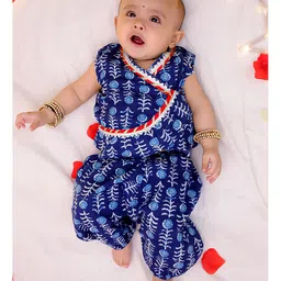 BownBee Pure Cotton Woven Sleeveless Gota Lace Embellished & Floral Printed Top & Harrem Pant Set - Blue-picture-28