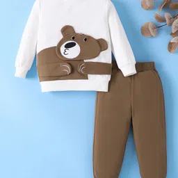 Mark & Mia Cotton Full Sleeves Winter Wear T-Shirt & Lounge Pant Set With Bear Applique & Print - White-picture-18