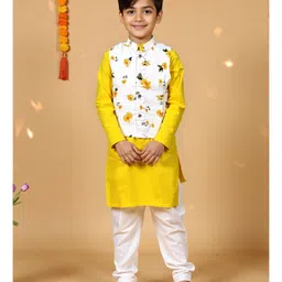 Nautinati Cotton Knit Full Sleeves Solid Kurta Pyjama With Floral Printed Jacket Set - Yellow & White-picture-21