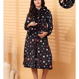 Secret Wish Fur Woven Full Sleeves Stars Printed Maternity Hooded Nighty With Centre Front Zipper Access - Black-image-22