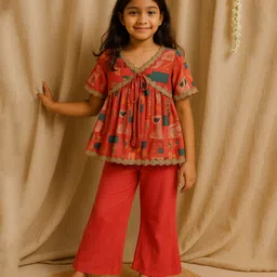 Tales & Stories Viscose Woven Half Sleeves Abstract Printed & Lace Embellished Top & Pant Set - Pink-picture-18